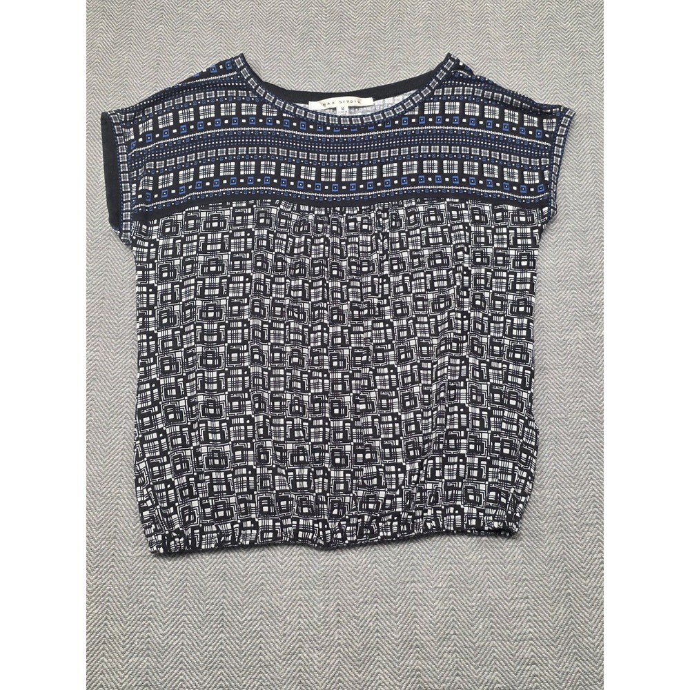 Max Studio Womens Black White Blue Geometric‎ Bubble Hem Short Sleeve Blouse M